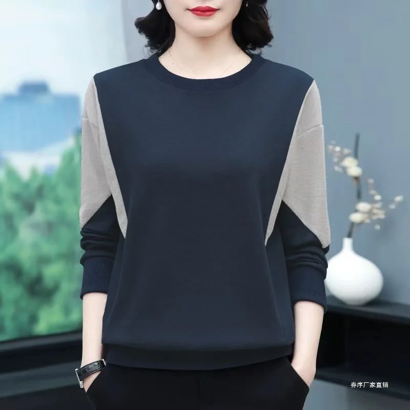 Middle-Aged Mom's Women's Color Blocking Sweatshirt Spring Autumn New Crew Neck Loose Long Sleeve Thin Slimming Tummy-Hiding Top