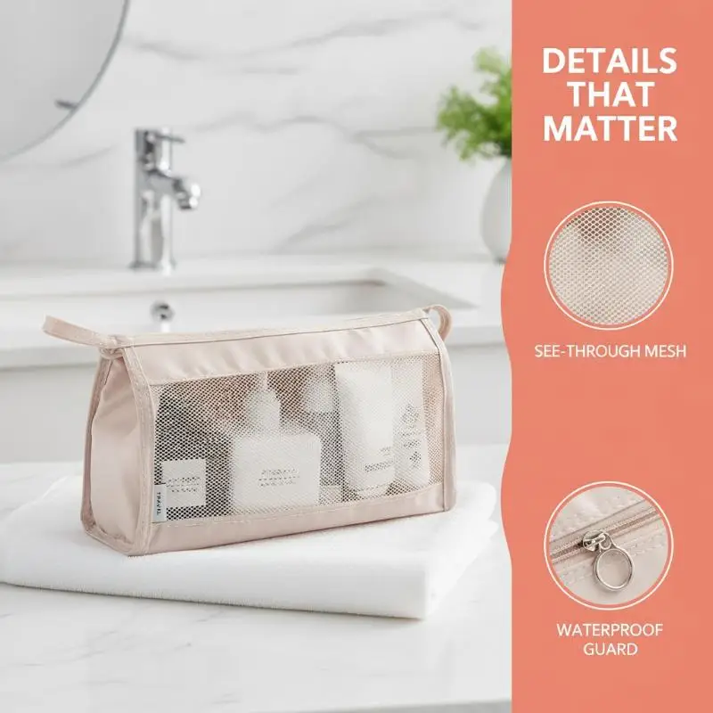 [L] Waterproof Mesh Storage Bags Clear Window Zipper Closure Perfect For Travel Toiletry Stationery Organizing