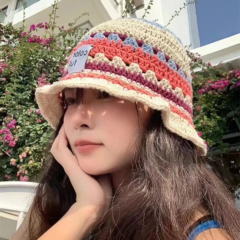 Japanese Contrasting Color Knitted Bucket Hat Women Sweet Cute Niche Spring Summer Crocket Beach Sun Bucket Hat