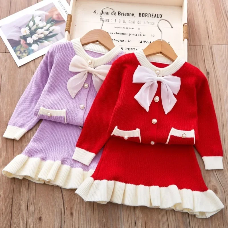 Girls Knitted Clothes Sets 2023  Autumn Winter Sweaters Tops+Skirt Girls Outfits Set Children Clothing Suits Baby Girl Clothes