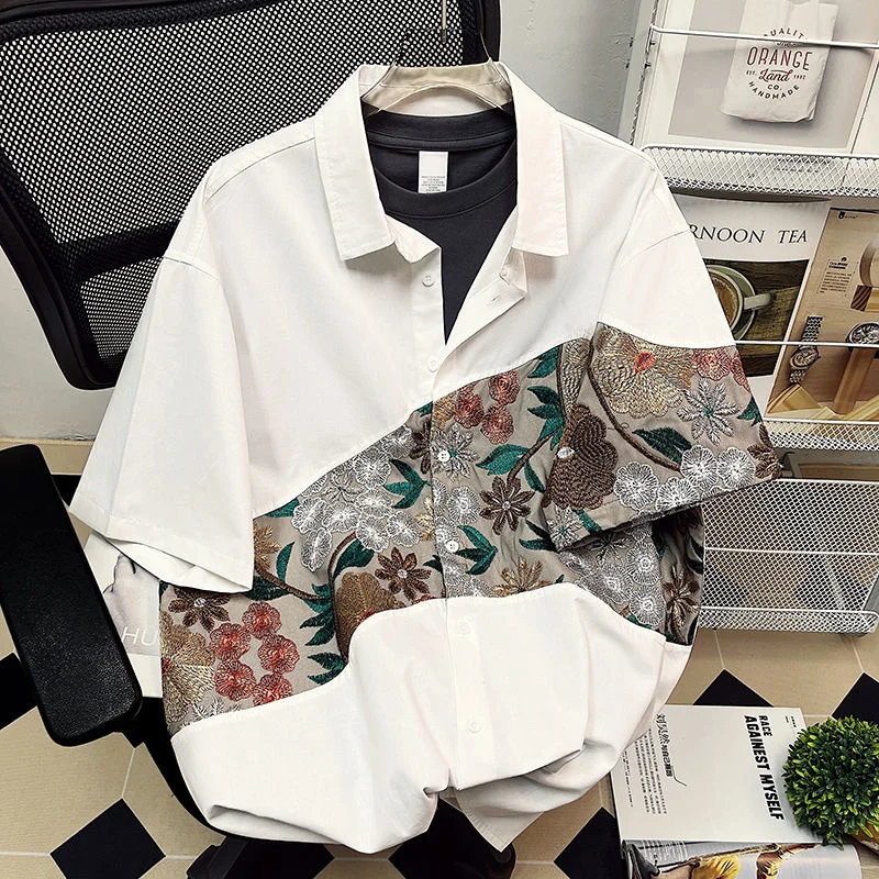 

Рубашка мужская с вышивкой, модная повседневная Уличная одежда в японском стиле с цветами, свободная блузка с коротким рукавом, лето