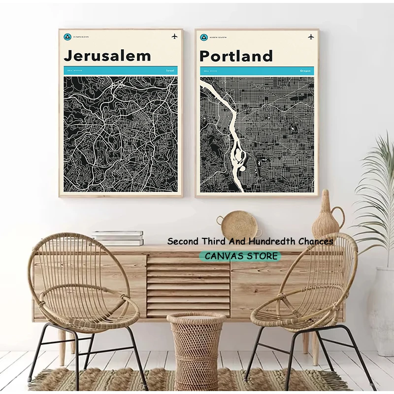 Minimalist Map Art AMSTERDAM LONDON HOUSTON JERUSALEM PORTLAND CHICAGO Dark Karte Poster Canvas Painting Wall Picture Home Decor
