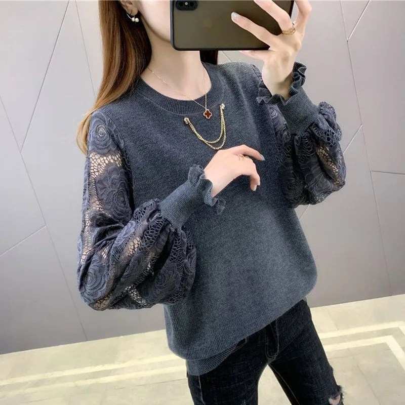 New Spring and Autumn Fashion Trend Hollow Out Embroidered Round Neck Foreigner Versatile Loose Thin Long Sleeve Knitted Sweater