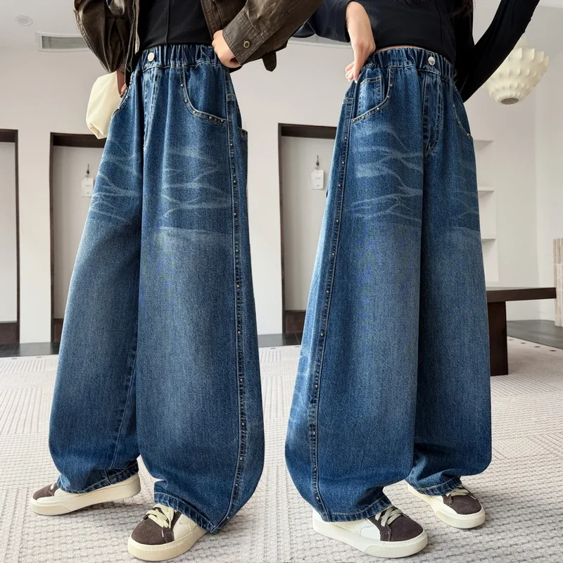 New 2026 Autumn Teenager Girls Curved Jeans with Side Bead Ordering Children's Wide Leg Long Pants Baggy Denim Trousers for Kids