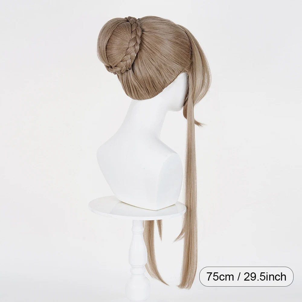 Flaxen Brown Synthetic Long Straight Wigs with Bangs Anime Game Cosplay with Bun Braided Chignon Wig for Daily Party