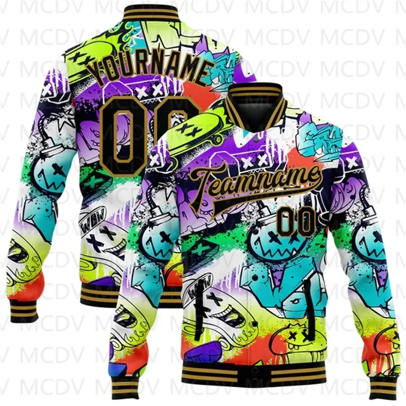 Custom Graffiti Pattern Gold-Green Grunge Art With Dinosaur And Words 3D Bomber Full-Snap Varsity Letterman Jacket
