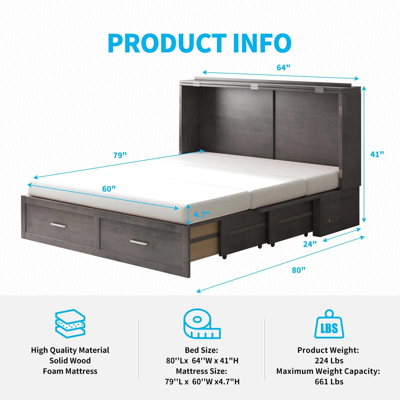 Murphy Bed with Tri-Folding Mattress,Modern Cabinet Bed with Storage Drawer & USB Charging Station, Solid Wood Cube Cabinet Bed