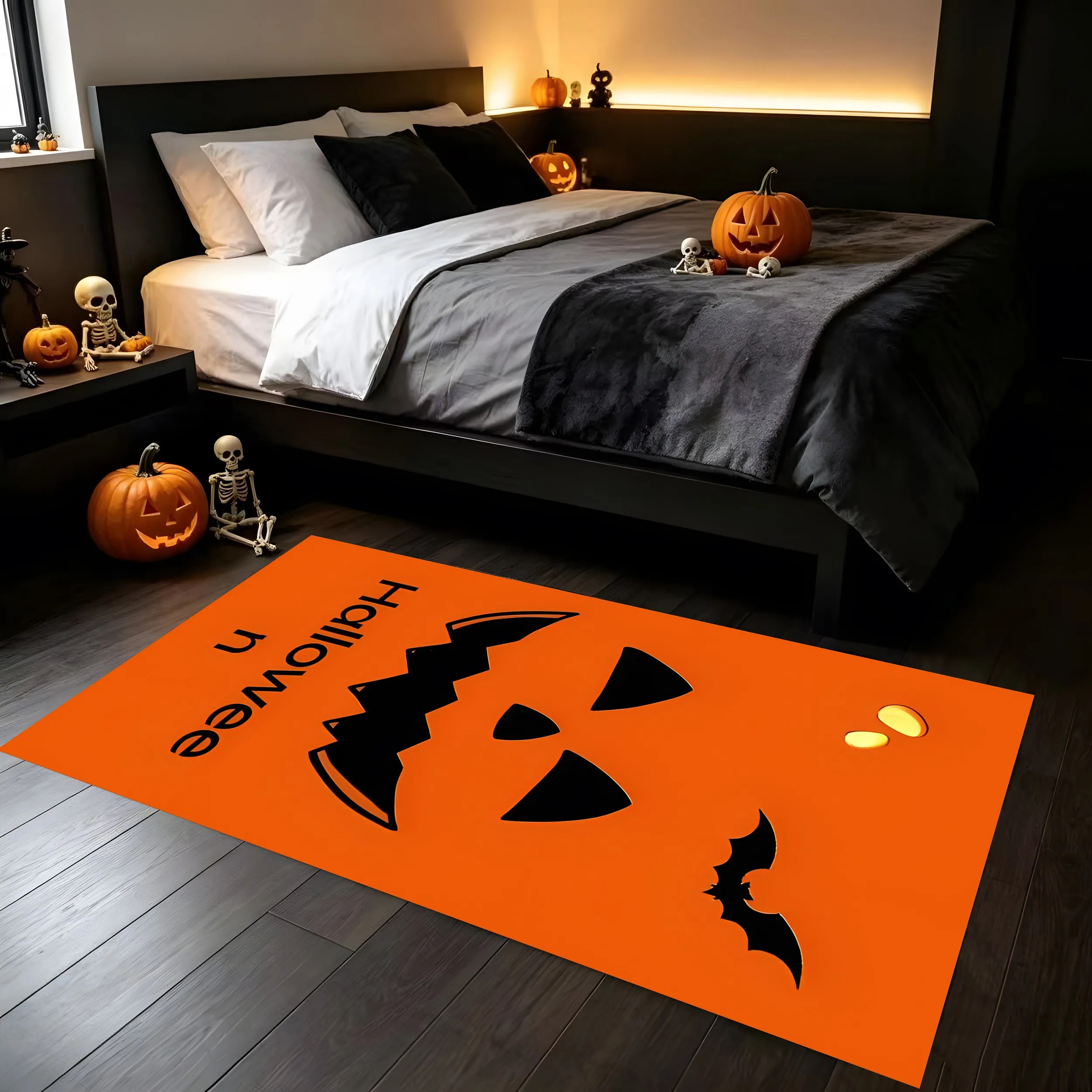 A Whimsical Velvet Pumpkin Bat Rug with Halloween Slogans, a Stylish Two-Dimensional Rug Perfect for Decorating Living Rooms and Bedrooms.