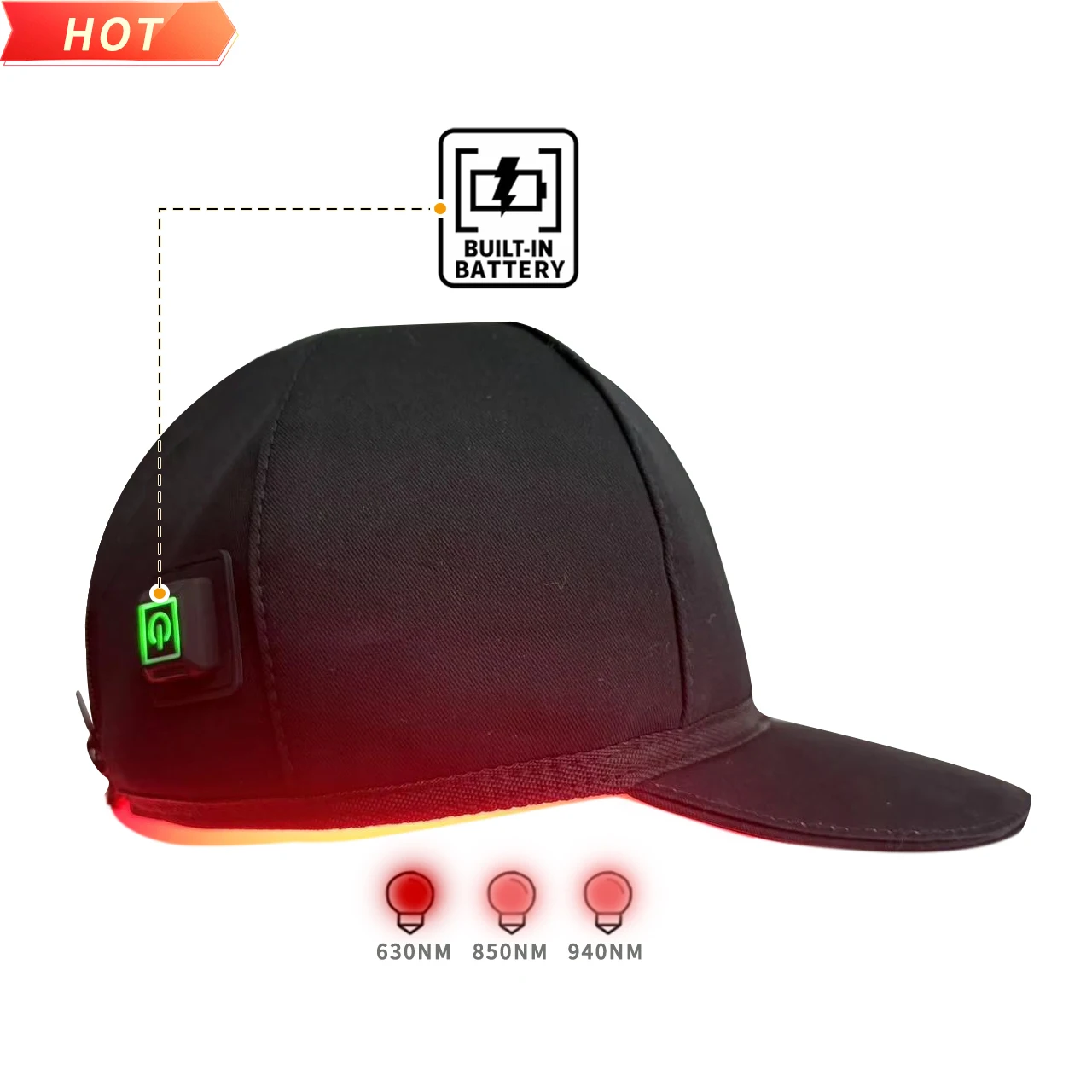 Built-in Battery 630nm 850nm 940nm Infrared LED Light Therapy Hat Red Light Therapy Cap for Hair