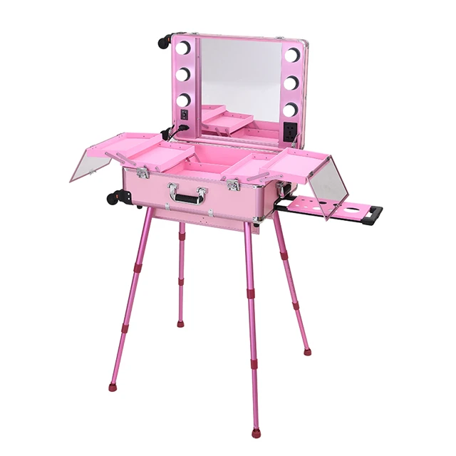 top sales 3 types Professional Rolling Studio Makeup Artist Cosmetic Case Beauty Trolley Light Mirror Box Pink Train