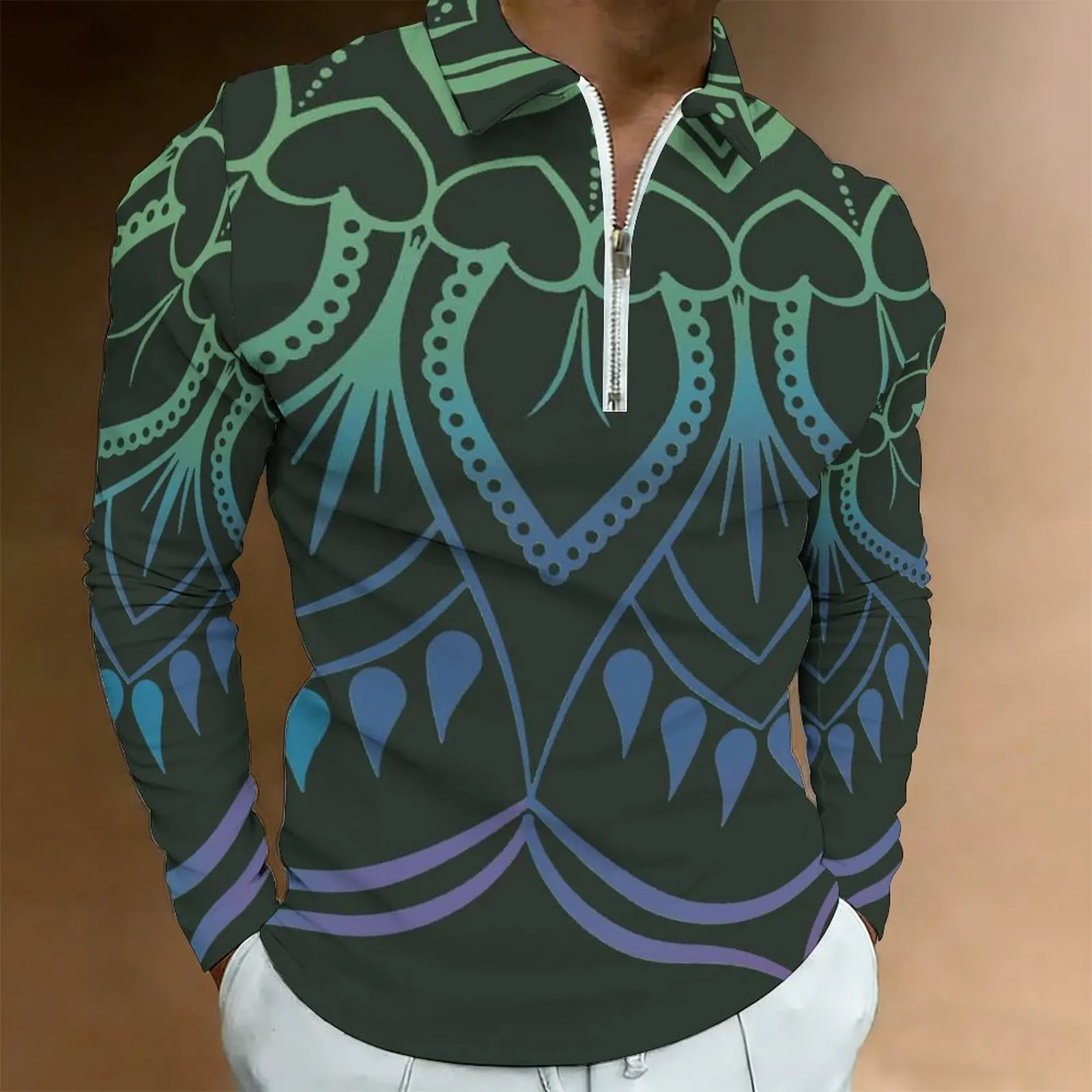 Men Print Half Zip Polo Shirt Long Sleeve Lapel Collar Casual Summer Mens Daily Tops Oversize