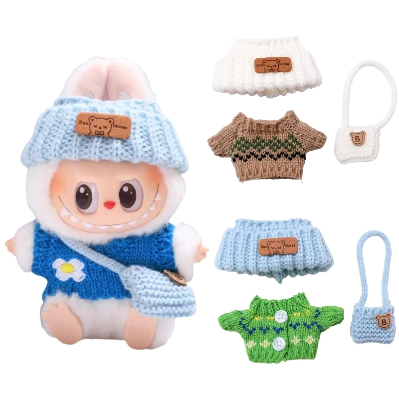 17cm Labubu 인형 액세서리 복장 곰 라벨 모자 러브 스웨터 세트 귀여운 장식 작은 옷 장난감 수집가를위한 옷