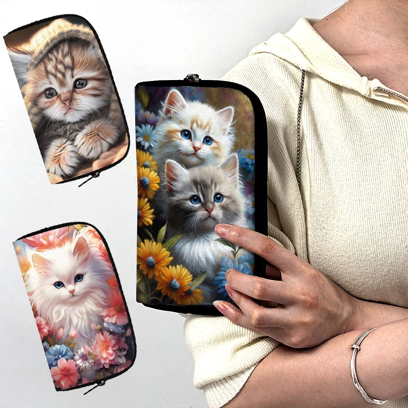 Kawaii Kleine Flauschige Katzen-Grafik-Print Geldbörse Niedliche Kätzchen-Damenbörse Ausweis-Kreditkartenhalter Münzbeutel Lange Brieftaschen