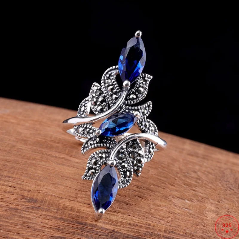 S925 Sterling Silver Rings for Women Men New Fashion Hollow Leaf Pattern Cutting Surface Blue Corundum Jewelry Wholesale