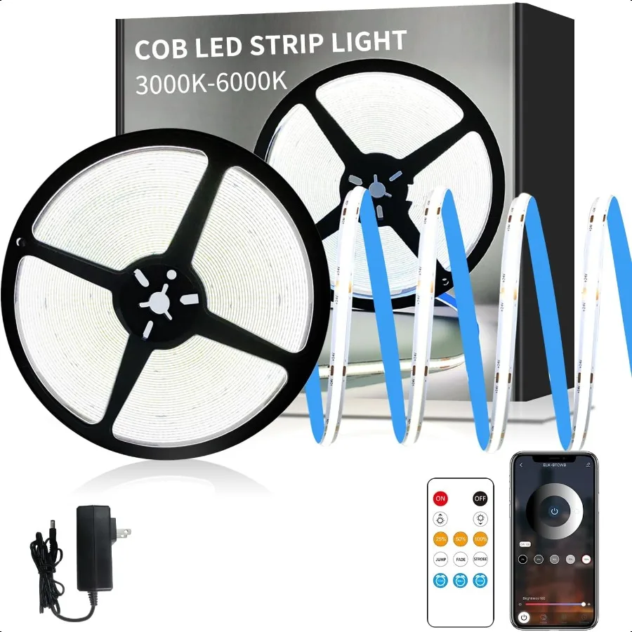 

COB LED Strip Lights 50ft6000K DC 24V Dimmable White Flexible LED Rope Lights for Bedroom with Remote and app Control LED Light