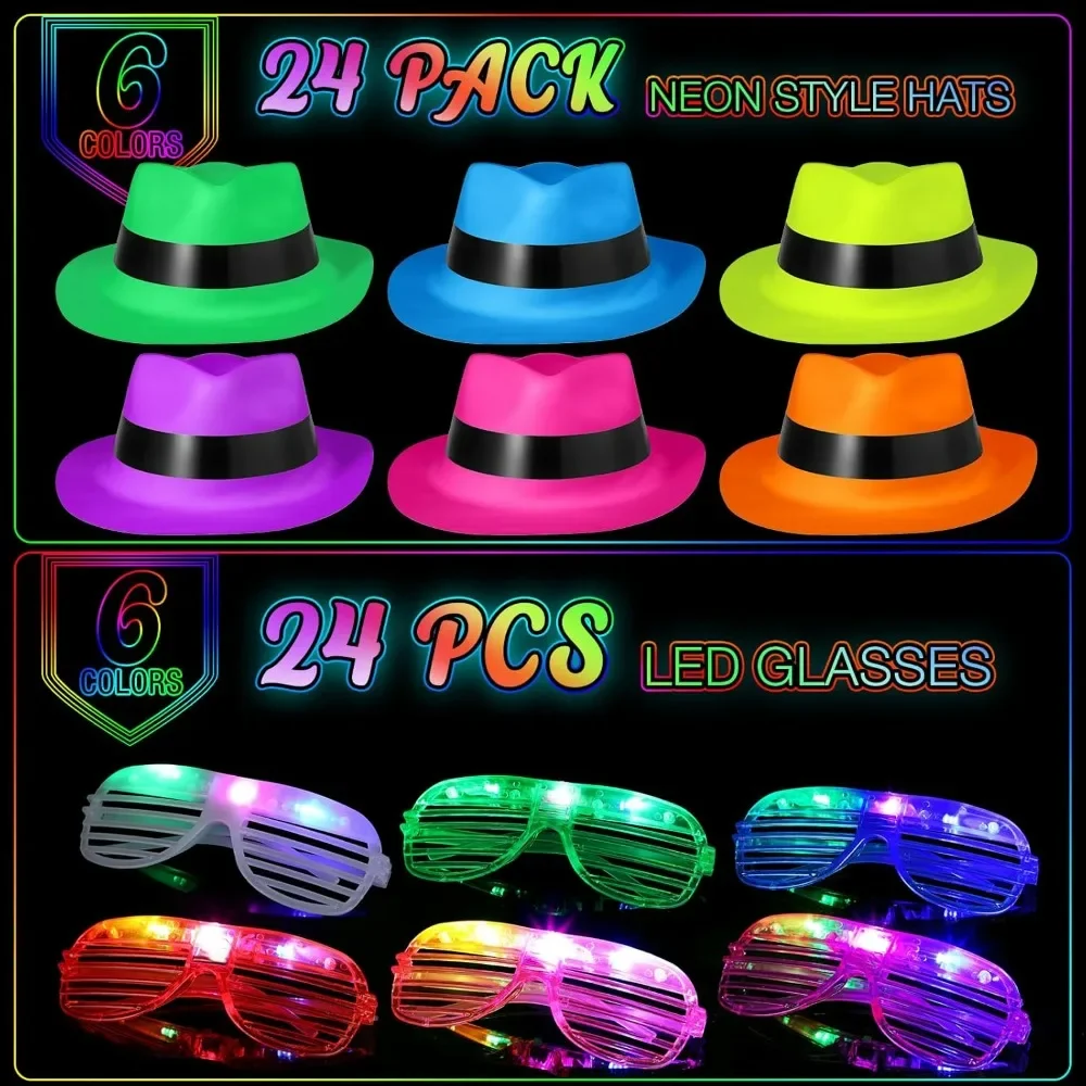 48 Pieces Neon Party Supplies 24 Pack Neon Style Gangster Fedora Dress Hats with 24 Pack Flashing Plastic Light Up Glasses