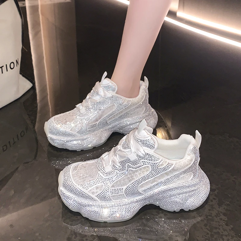 

Hot Leather Casual Shoes Rhinestones High Top Sneakers Women Vulcanized Lace Up New Internet Celebrity All-Match Flat Thick Sole
