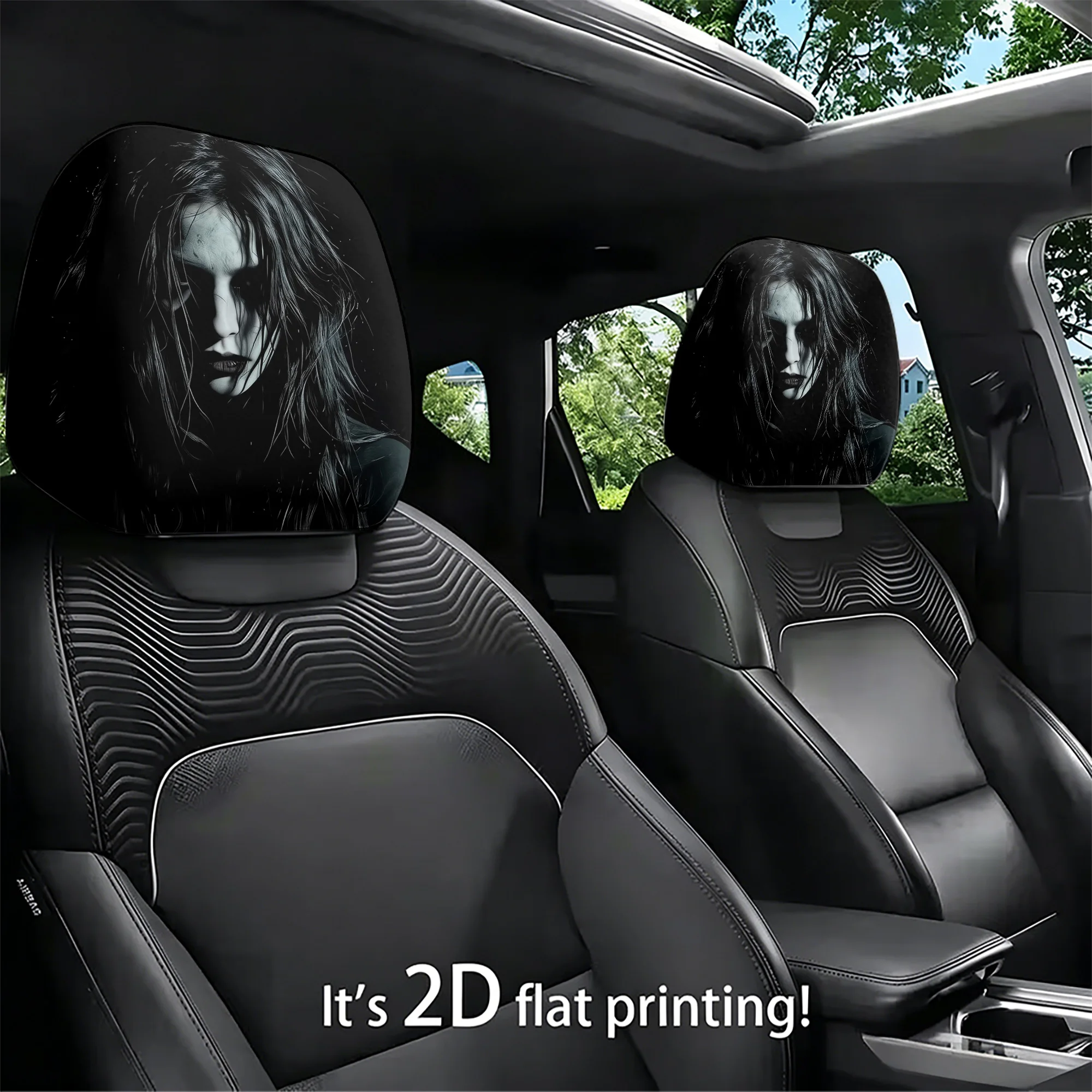 2pcs gothic girl-patterned car headrest covers to add a dark, avant-garde vibe to your car’s interior. Does not include stuffing