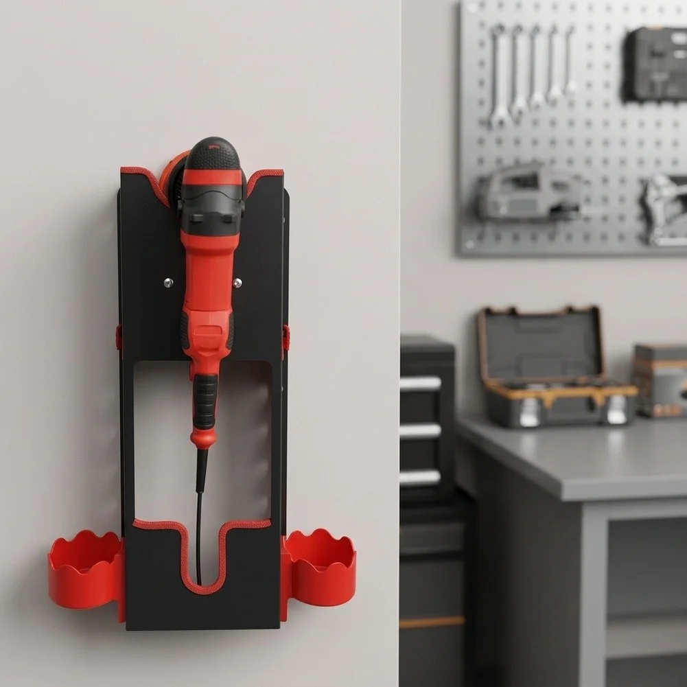 Wall Mount Polisher Rack for Automotive Detailing Stations with Two Bottle Holders and Reliable Mounting Design