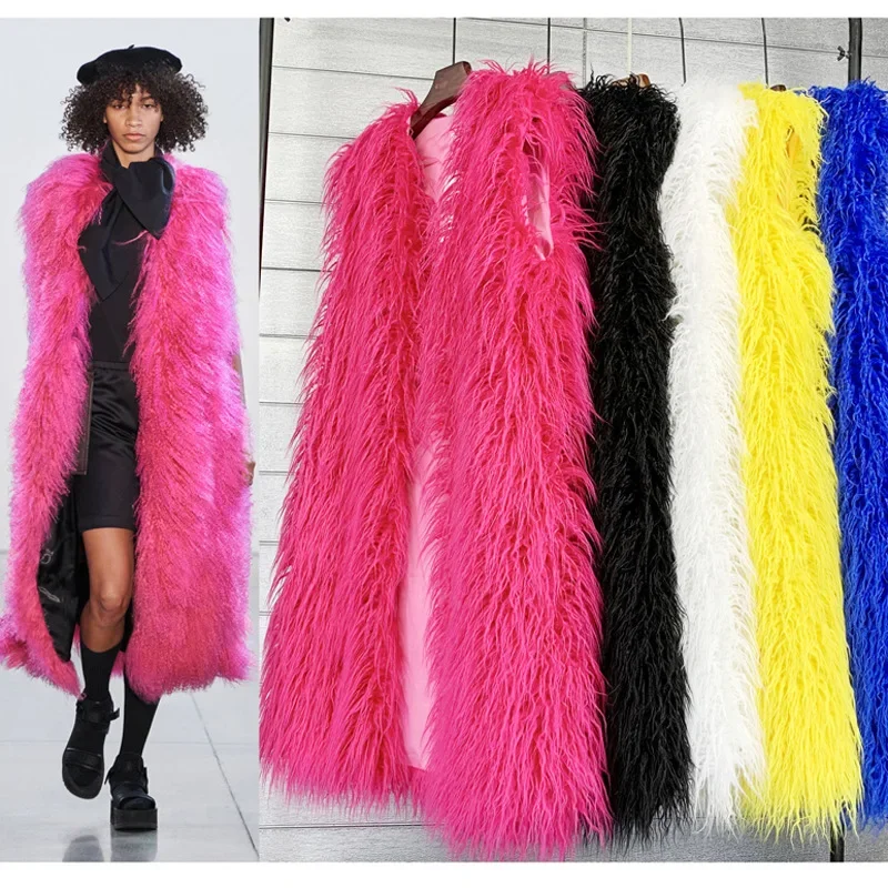 Faux Mongolia Sheep Fur Women Long Vest Colorful Warm Faux Fur Big Size Plush Coats Female Jacket Autumn Winter Furry Outerwear