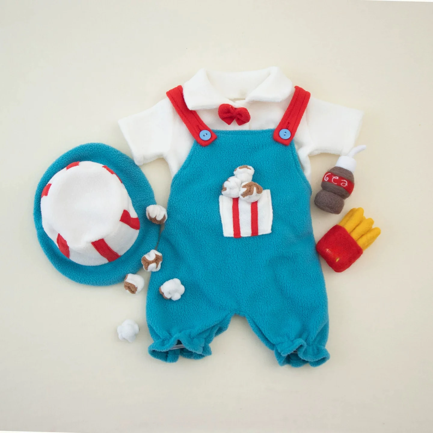 Newborn Photography Props Baby Cute Popcorn Clothing Set Outfit with Hat and Drike Decorations for Studio Photoshoot Prop