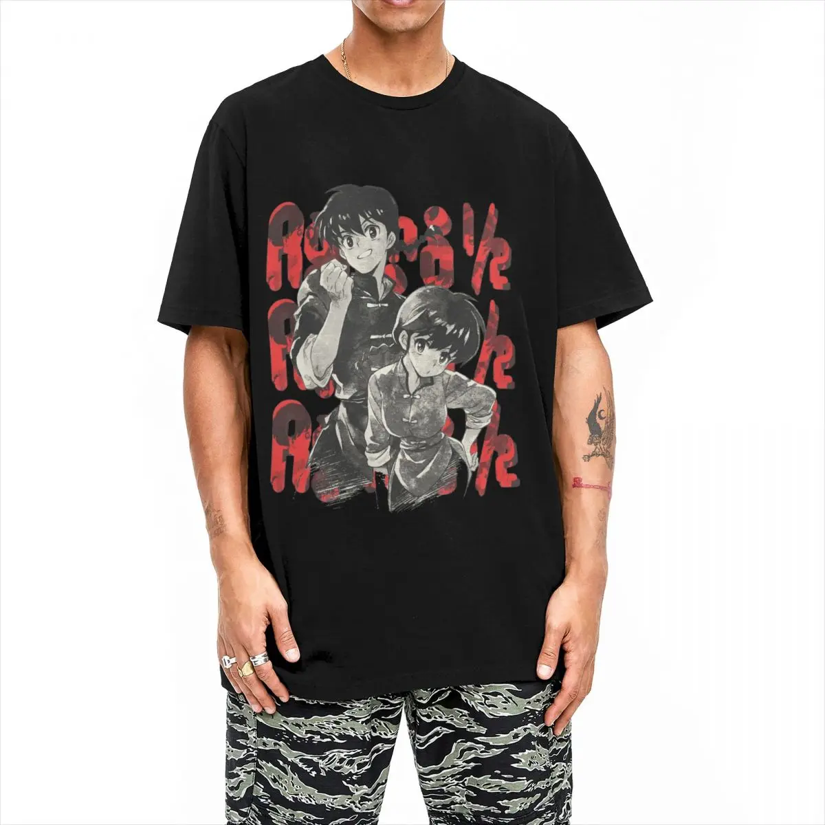 Print Ranma 12 Vintage T Shirt Men's 100%Cotton Short Sleeve Anime Manga Round Neck Clothes