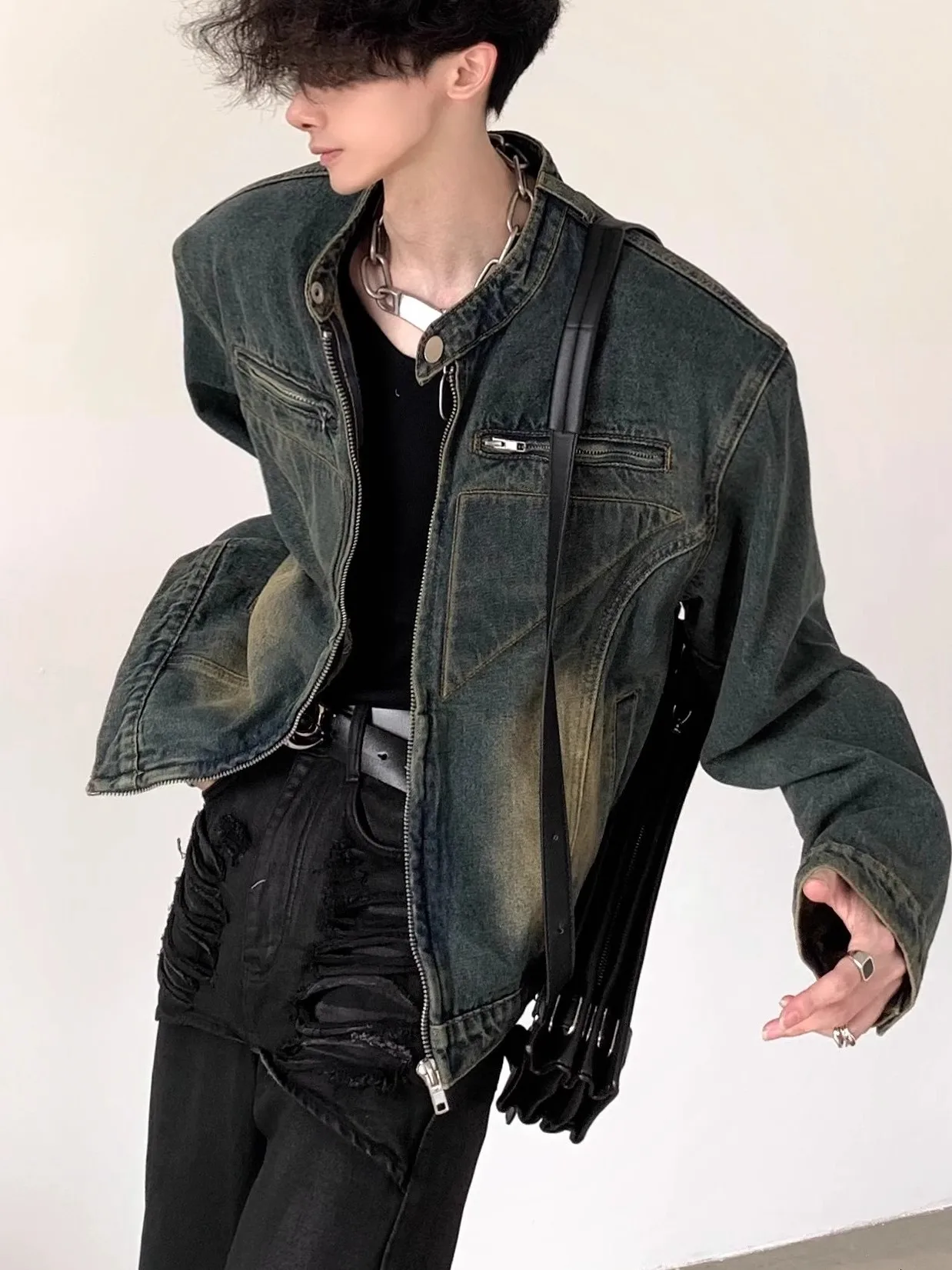 

Ретро-куртка на молнии с деконструированным воротником и подплечниками в американском уличном стиле, джинсовое пальто для мужчин и молодежи, осенний тренд