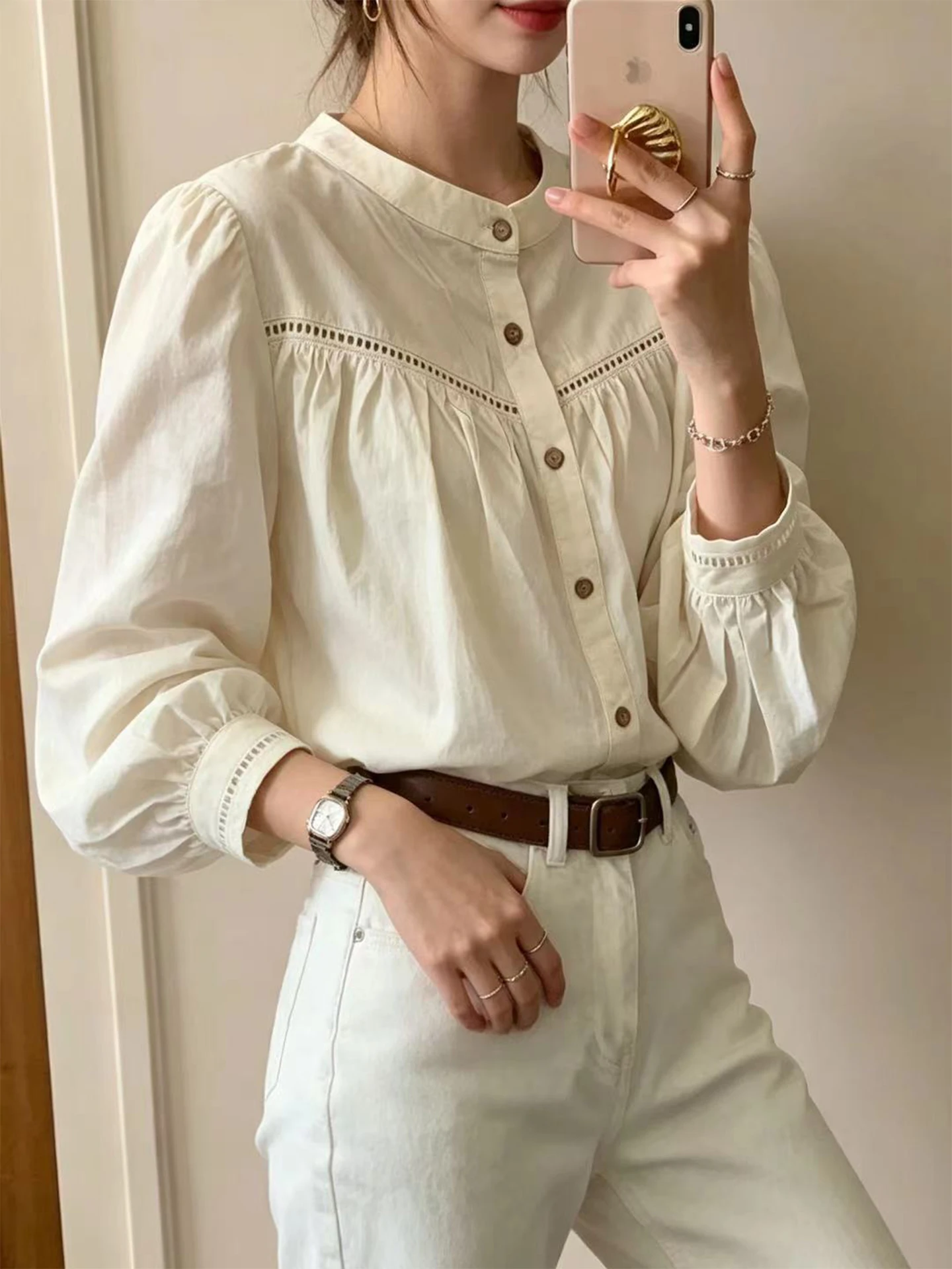 Elegant Korean Style Women's Long Sleeve Shirt Hollow out Splicing Lace Delicate Top Cotton Polyester Blend round Neck Button up