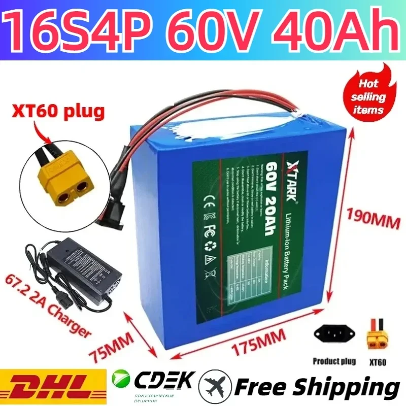 Original upgrade XT60 plug 60V 40Ah Long endurance 16s4p 21700 li-ion battery pack with built-in BMS for E-bike motorcycles