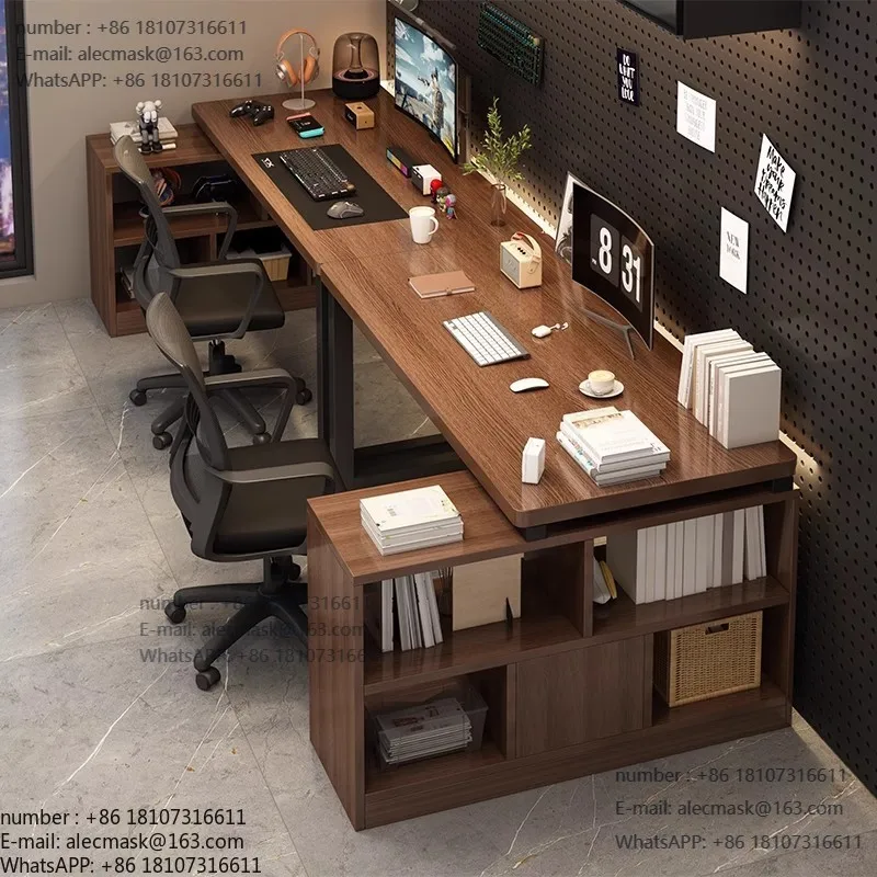 

Двухместный компьютерный стол для киберспорта, L-образный, со встроенной книжной полкой, расположенный рядом друг с другом.