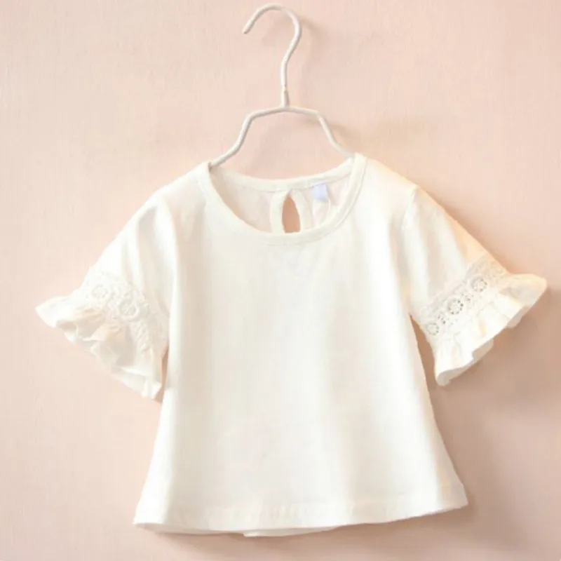 Summer Baby Girl Flare Sleeve T-Shirts Solid Print Lace Tops Kids Tops Casual Crew Neck Blouse Short Sleeve Tops