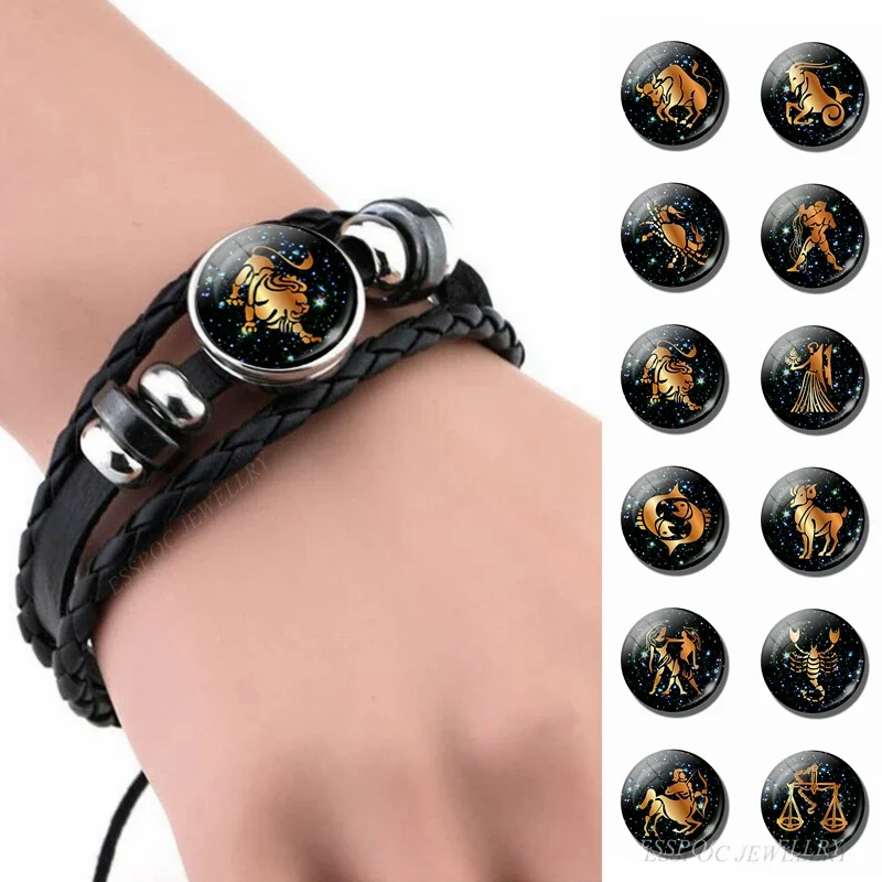 Pulsera de cuero de 12 constelaciones, signo del zodiaco, cabujón de cristal hecho a mano, joyería Punk negra para hombre, horóscopo, astrología, regalo de cumpleaños