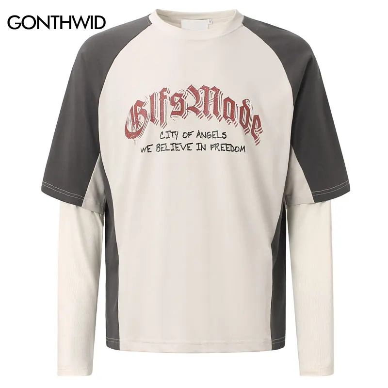 

Vintage 90s T-Shirt Y2K Grunge Graphic Printed Fake Two Piece Double Layer Long Sleeve Tshirt Streetwear Harajuku Patchwork Top