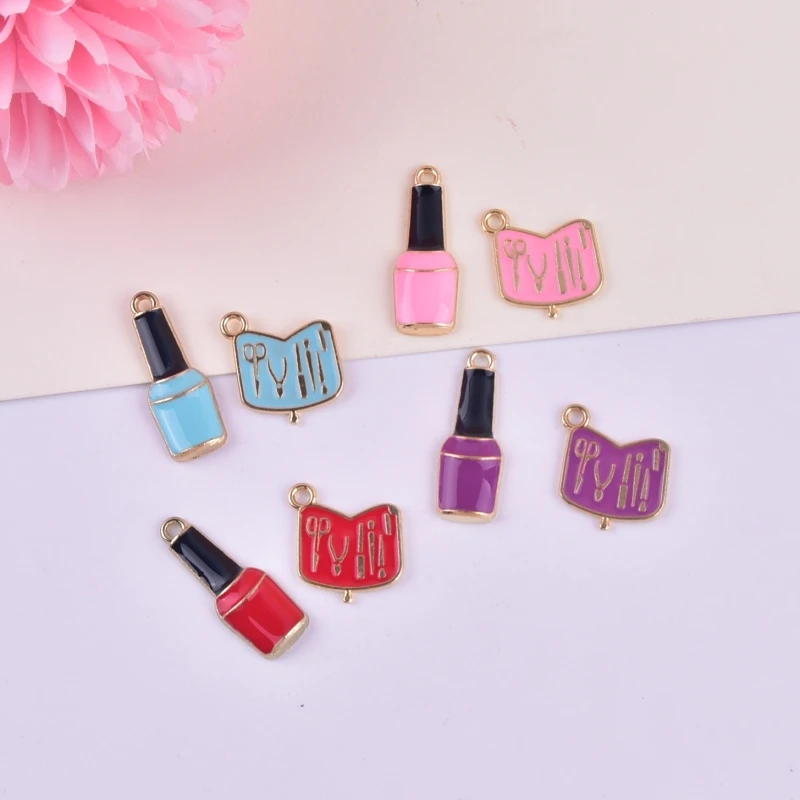 Mix 8pcs Beautiful Girl Make up Nail Polish Manicure Suit  Metal Pendants Handmade Craft Charms for Jewelry Making