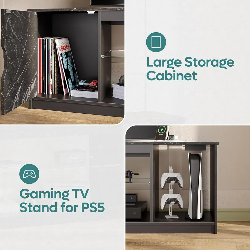 حامل تلفزيون مع منافذ طاقة لغرفة النوم، حامل تلفزيون للألعاب لتلفزيون 65 بوصة، مركز ترفيه أسود لـ PS5، وحدة تحكم تلفزيون