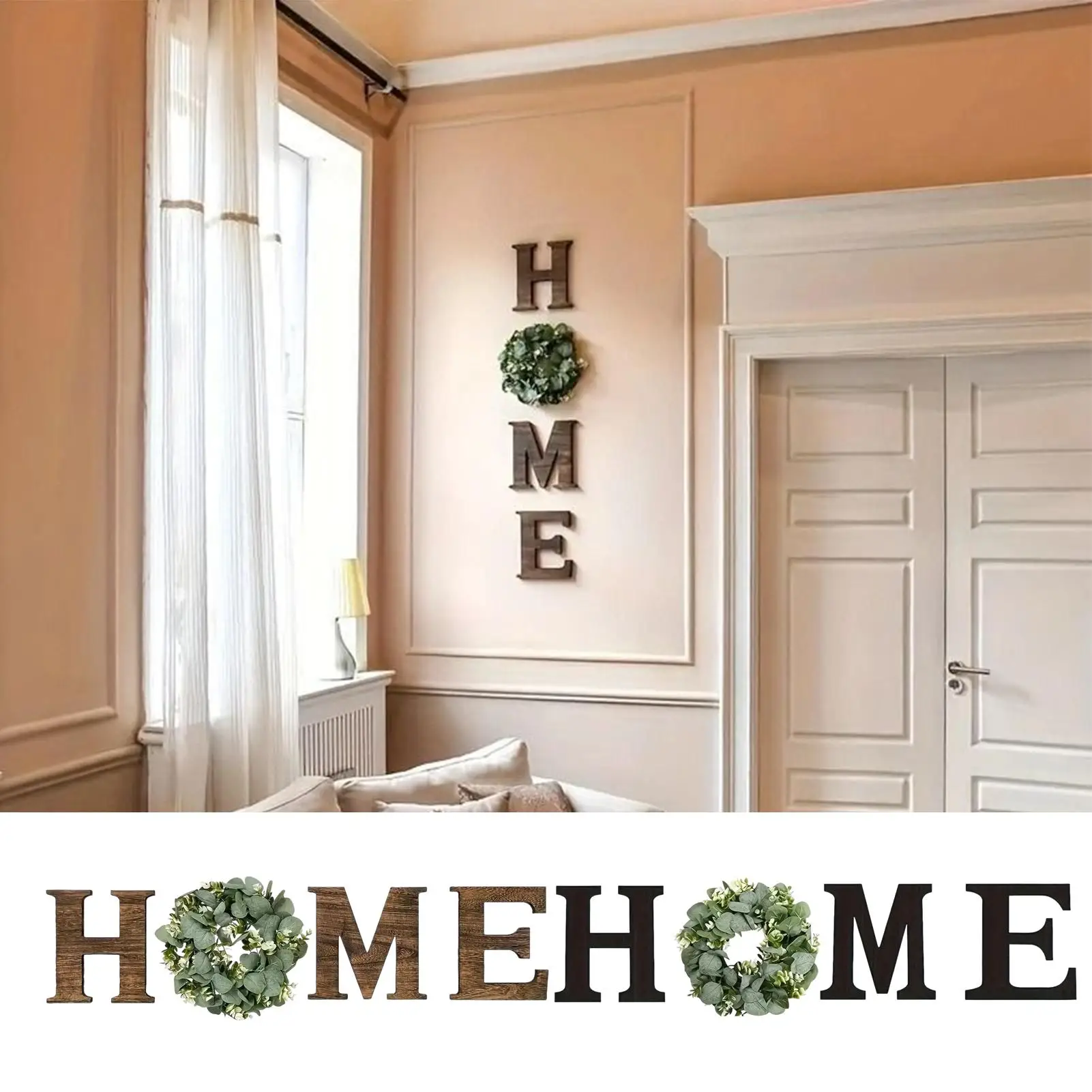 Panneau mural avec lettres en bois, décor rustique avec couronne d'eucalyptus artificielle, pour salon, cuisine, entrée, pendaison de crémaillère, mariage