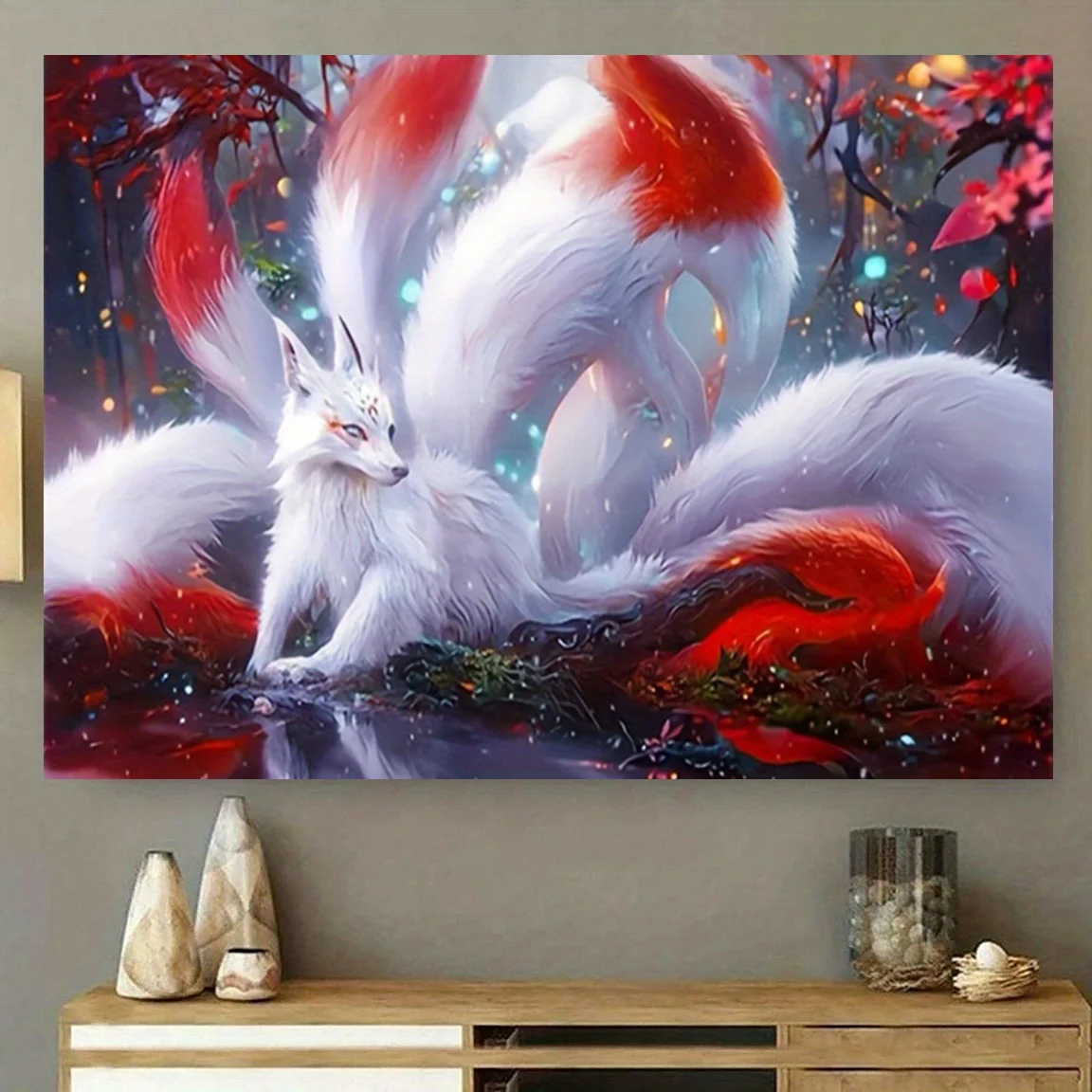 1pc Mystical Nine Tailed Fox Red Fantasy Forest Tapestry Wall Hanging for Bedroom Living Room Decor Mythical Creature Art Print