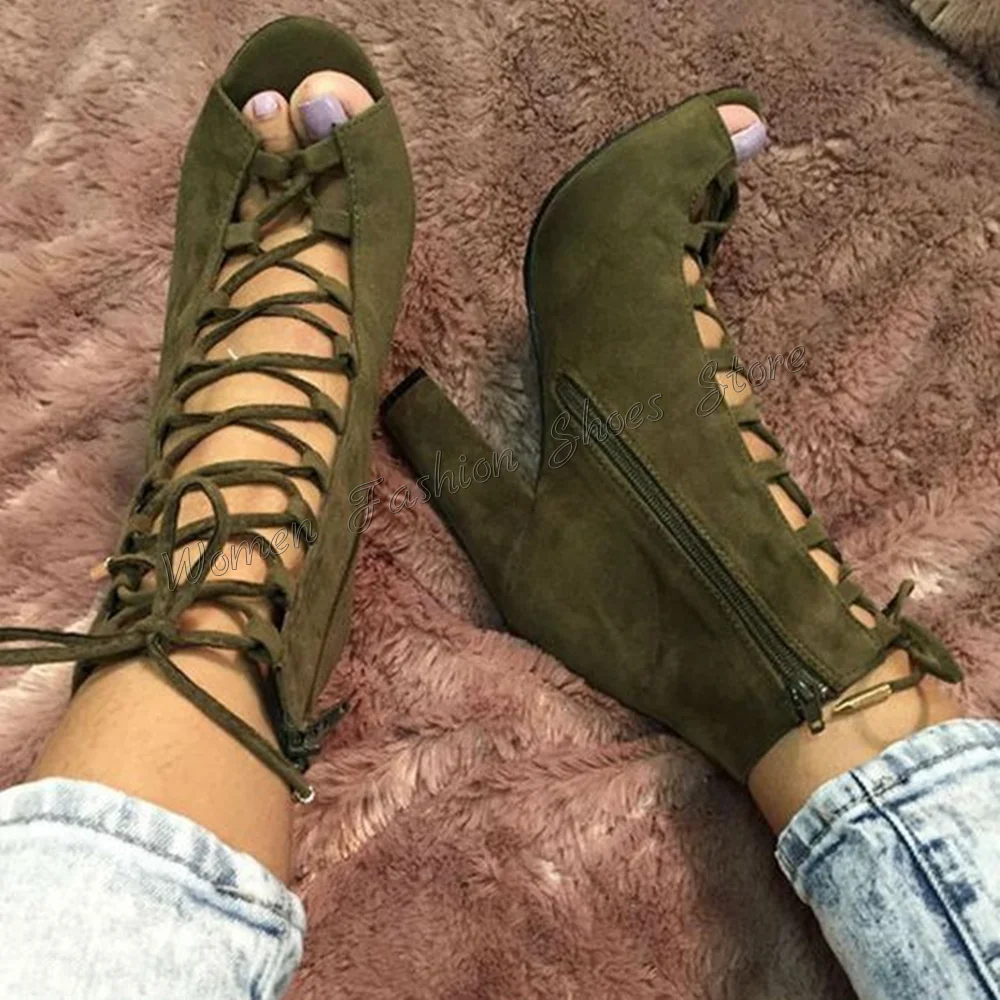 

Dark Green Peep Toe Lace up Boots Side Zipper Chunky High Heels High Heel Shoes for Women Heels 2024 New Zapatos Para Mujere