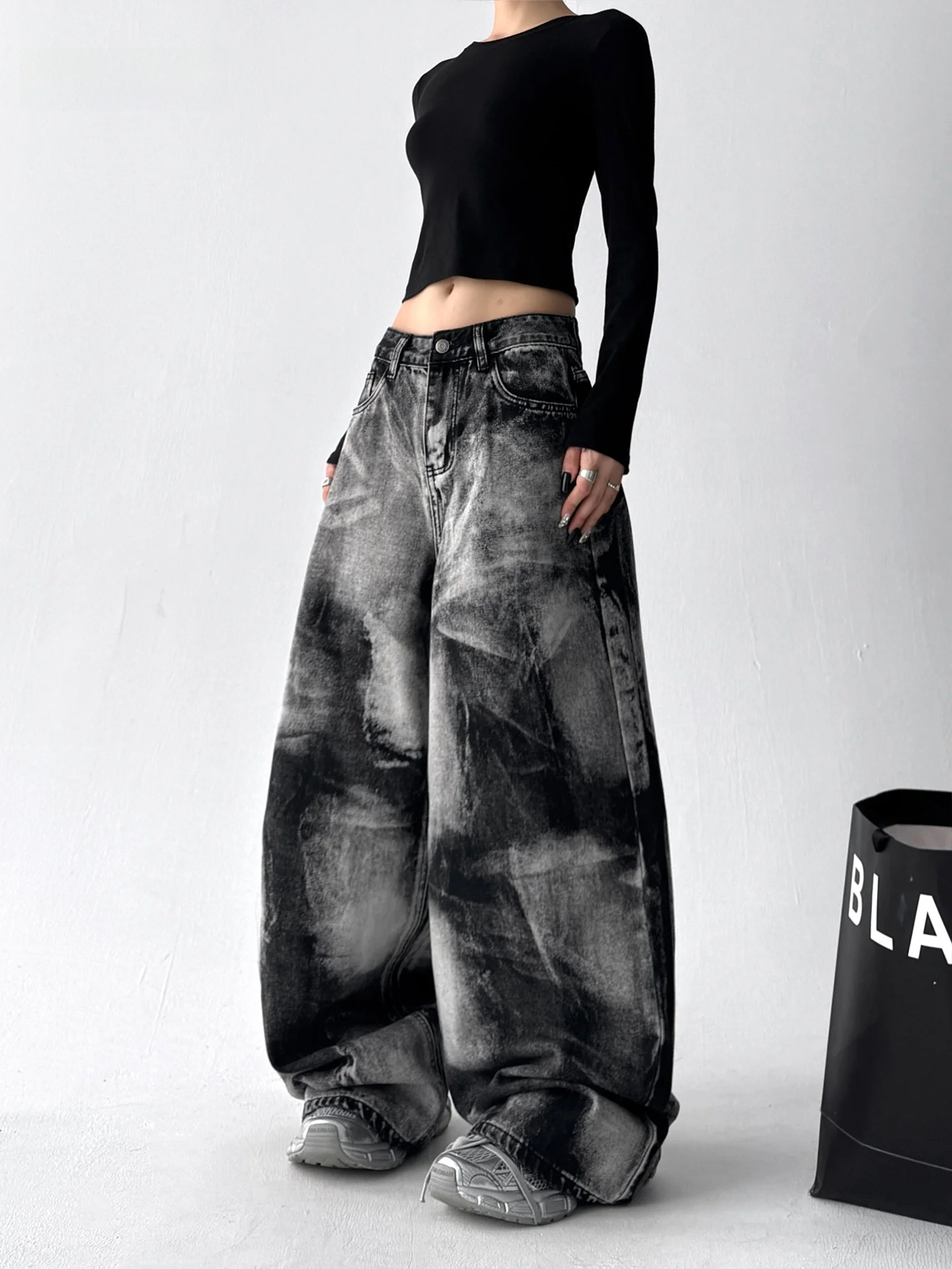 

Washed Vintage High Waist Straight Leg Jeans Women's Autumn New Style Street Dance Wide Leg Pants Casual Cotton Stretch Fabric