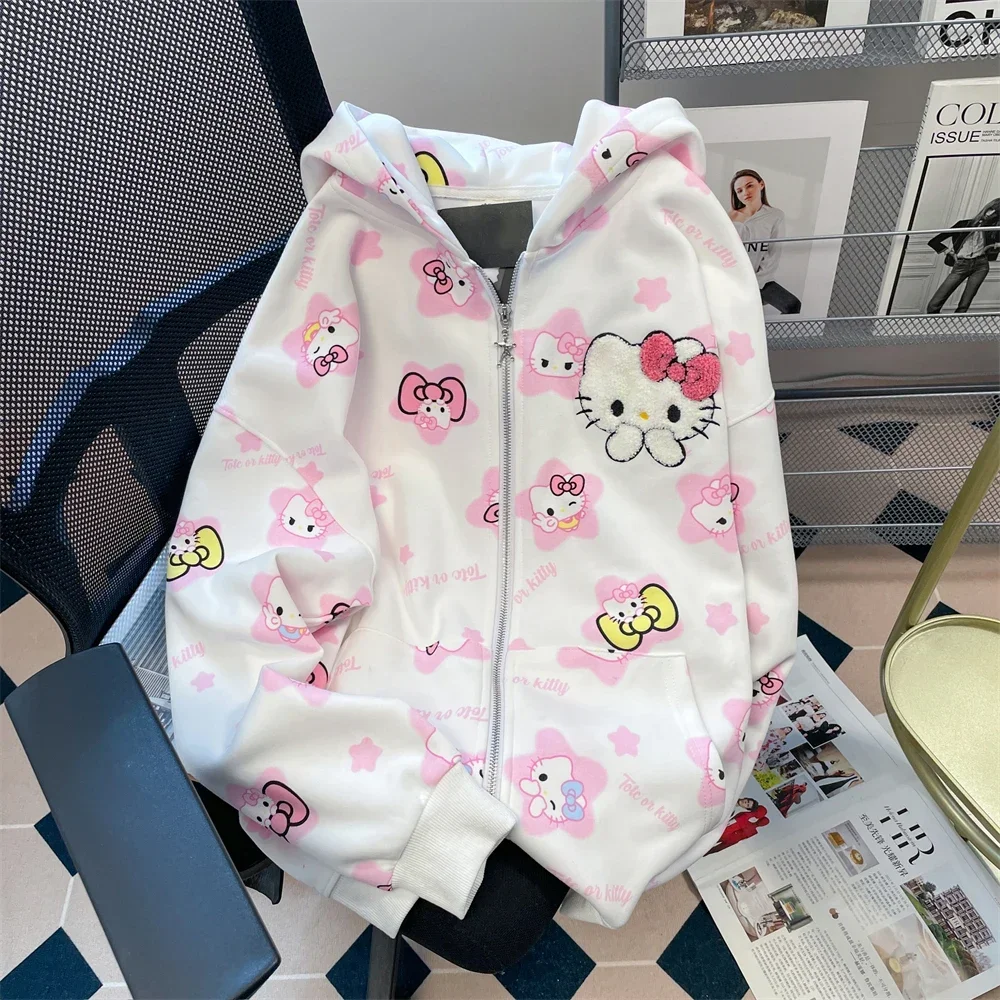 2024 Sanrio Hello Kitty Hooded Cardigan Jacket Kawaii Girl Autumn Vintage Coat Comfortable Cute Cartoon Women Hoodies Gifts