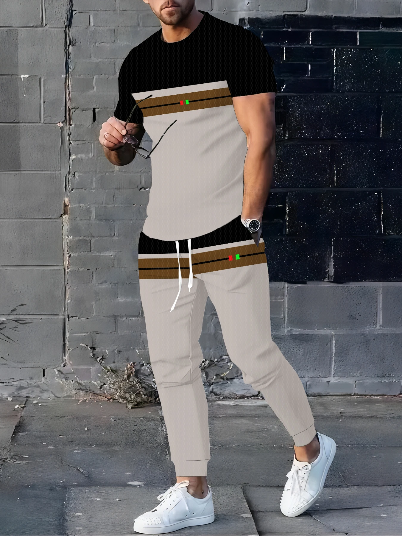 

The summer new men's set a casual fashionable lightweight and breathable two-piece set with mixed color texture prints