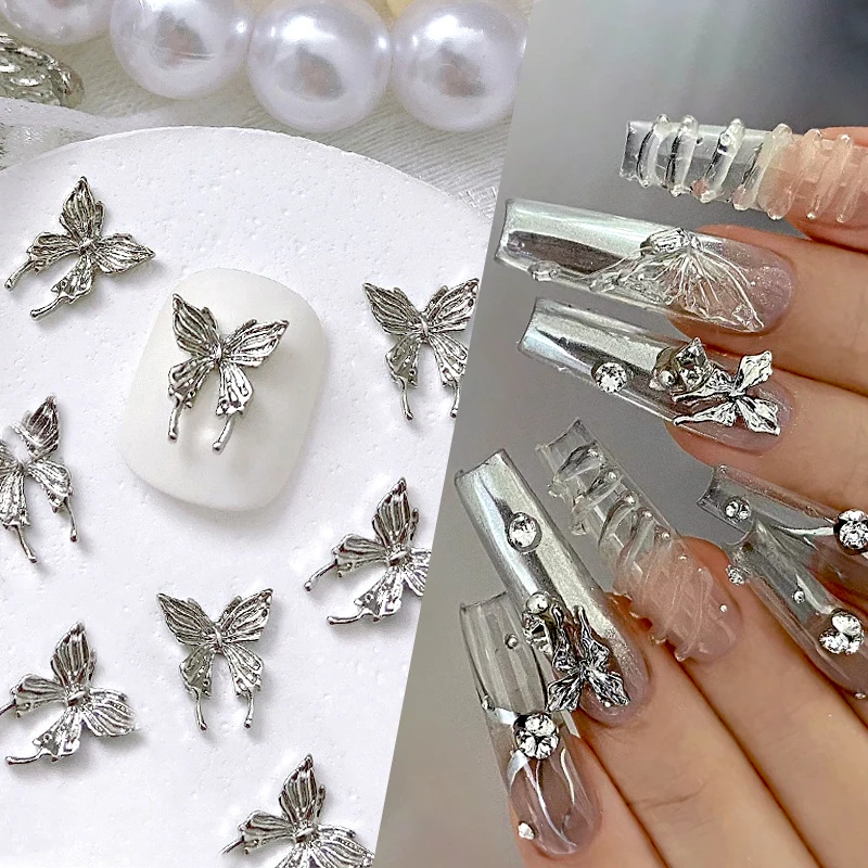 Mini metal unhas encantos, encantos em forma de borboleta, em forma de borboleta, 3d, nail art decoração, ouro, coração, acessórios de manicure, 10pcs