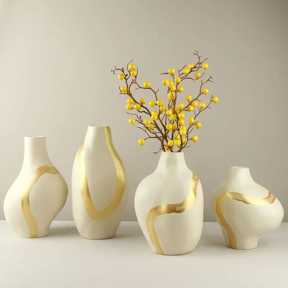 

Modern Minimalist Abstract Body Vase Decorative Ceramic Hydroponic Flower Receptacle Pretty Jardiniere With A Golden Line