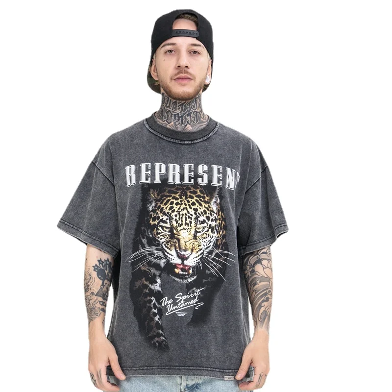 

2023 Spring and Summer New High Street Fashion Brand Leopard Vintage Print Washed and Worn Short-Sleeved T-shirt Men's Top