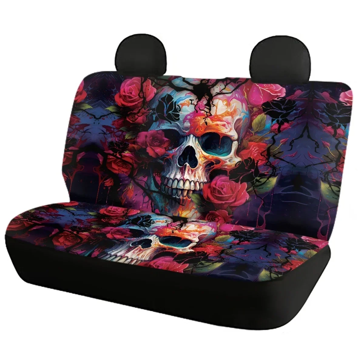 Flower Floral Skull Printed Auto Parts Car Seat Cover Polyester Fabric 4 Piece Set Four Season Universal Front/Rear Seat Cushion