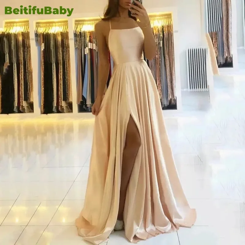 BeitifuBaby Bridesmaid's Wedding Party Dresses for Women Vestidos Solid Sexy Split Sling Slim Customized Evening Dress Vestidos