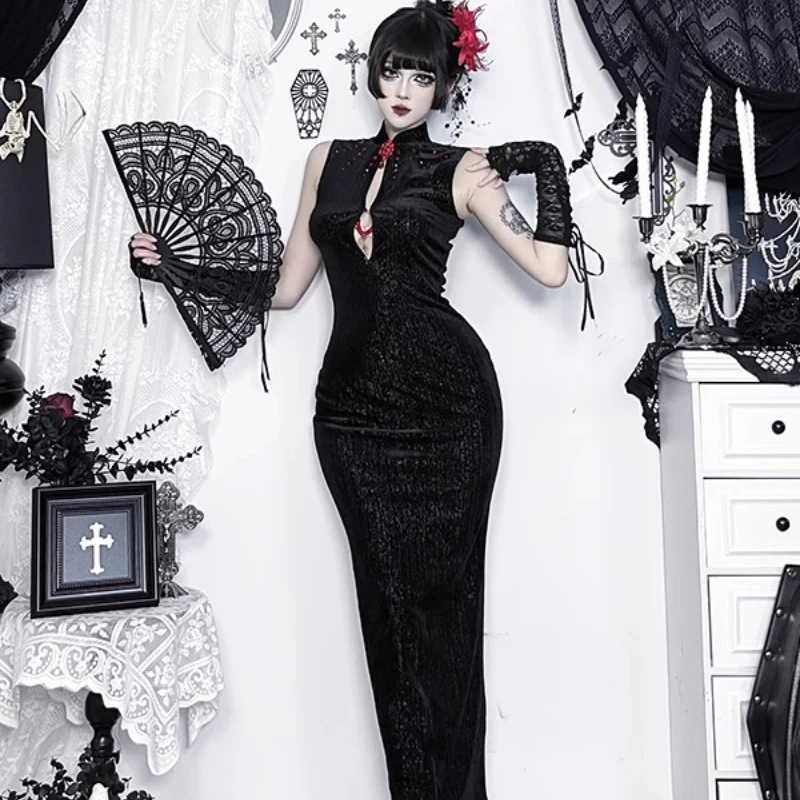 Gothic Dark Hot Girl Cheongsam Subculture Concert Women's Dress Original Design Sexy Hollow Out Sleeveless Long Dresses Ladies