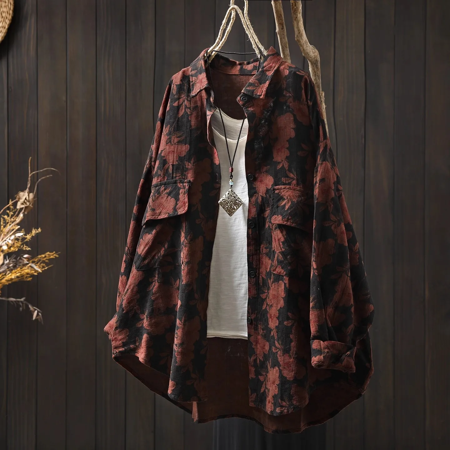 Enianechu Middle Aged Women Clothes Japan Fashion 100% Cotton Yarn Print Oversized Shirts and Blouses Plus Size Women Clothing