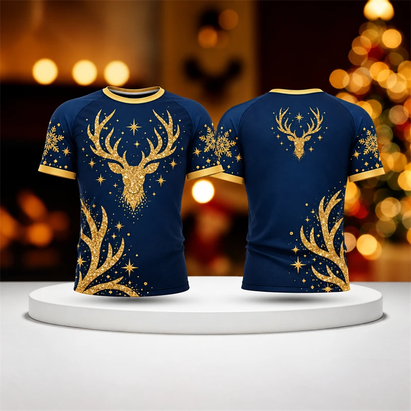 Fashion Snowflake Graphic Mens Christmas T Shirt 3D Print Casual Short Sleeve Xmas Tee Holiday Party Casual Streetwear Men Gift