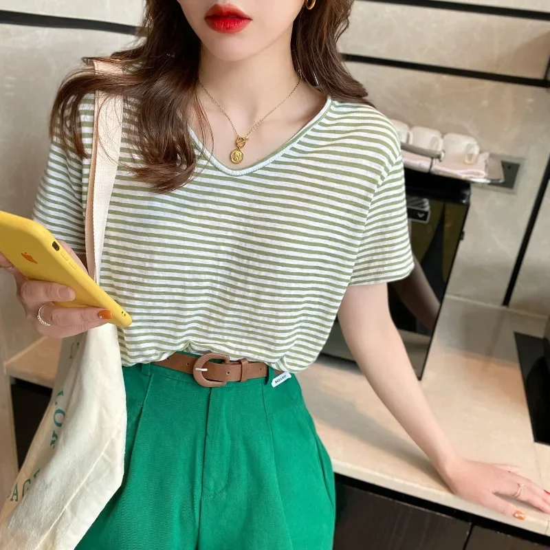 Women's T-shirt Cotton Short Sleeve Summer Outfit Striped Top Female Baggy Korean Clothing Harajuku Fashion Kpop Clearance 2024